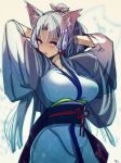  1girl :o absurdres animal_ears arms_behind_head at2. blush breasts highres japanese_clothes kimono large_breasts long_hair parted_lips ponytail purple_eyes solo teeth touhoku_itako utau white_hair 