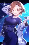  1girl :d absurdres blue_dress brown_eyes brown_hair commentary_request dress gloves hair_ornament hairclip highres hiraga_matsuri holding holding_microphone jacket looking_at_viewer microphone open_mouth original short_dress short_hair smile solo sparkle white_gloves white_jacket 