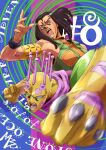  1girl brown_hair ermes_costello forehead green_lips green_shirt grey_eyes hairlocs jojo_no_kimyou_na_bouken kiss_(stand) long_hair looking_at_viewer manabu_katayama official_art open_mouth shirt sleeveless solo stand_(jojo) stone_ocean tan 