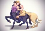  2boys absurdres bare_shoulders black_hair blue_eyes bracelet centaur chain dio_brando gakuran hat highres hooves horse_tail jewelry jojo_no_kimyou_na_bouken kujo_jotaro less_end long_coat male_focus monster_boy multiple_boys muscular muscular_male off_shoulder school_uniform single_bare_shoulder sphinx stardust_crusaders tail taur 