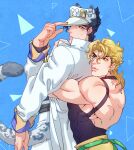  animal_ears birthmark black_hair coat diamond_wa_kudakenai dio_brando hat highres hug hug_from_behind joestar_birthmark jojo_no_kimyou_na_bouken kemonomimi_mode kujo_jotaro leopard_ears leopard_tail less_end long_coat male_focus muscular muscular_male stardust_crusaders tail white_coat 