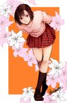  1girl arms_behind_back bangs brown_footwear brown_hair floral_background full_body harasaki_nozomi kusu_(moo1225) leaning_forward miniskirt orange_background parted_hair plaid plaid_skirt red_eyes shenmue signature skirt smile solo sweater white_sweater 