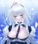  1girl azur_lane bangs blue_eyes blush breasts closed_mouth coat coat_dress eyebrows_visible_through_hair fur-trimmed_coat fur_trim large_breasts long_hair looking_at_viewer moyashi-zakana silver_hair simple_background solo sovetsky_soyuz_(azur_lane) upper_body white_coat white_headwear 