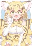  1girl :d absurdres animal_ear_fluff animal_ears bare_shoulders black_hair blonde_hair blue_background blush bow bowtie breasts cat_ears commentary_request elbow_gloves frilled_skirt frills gloves green_eyes hand_up highres kemono_friends looking_at_viewer medium_breasts multicolored_hair sand_cat_(kemono_friends) shirt skirt sleeveless sleeveless_shirt smile solo sunanuko_(ramuneko) two-tone_background two-tone_hair white_background white_gloves white_shirt yellow_bow yellow_bowtie yellow_skirt 