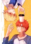  2boys :d :o amanofukurou blonde_hair child_gilgamesh_(fate) cover cover_page cup cup_on_head disposable_cup doujin_cover emiya_shirou emiya_shirou_(prisma_illya) fate/kaleid_liner_prisma_illya fate_(series) gilgamesh_(fate) highres jewelry looking_up messy_hair multicolored_hair multiple_boys necklace open_mouth orange_hair raglan_sleeves red_eyes scar scar_on_face smile streaked_hair symmetry two-tone_hair upside-down white_hair yellow_background yellow_eyes 