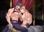  2boys animal_ears belt_collar bit_gag black_hair blonde_hair blue_eyes blue_hair chest_harness collar dio_brando fake_animal_ears gag harness hat highres jojo_no_kimyou_na_bouken kujo_jotaro large_pectorals leash less_end male_focus mullet multiple_boys muscular muscular_male no_coat pectorals scar scar_on_neck sitting sitting_on_lap sitting_on_person stardust_crusaders topless_male yaoi 
