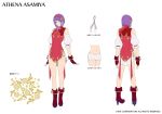  1girl artist_request asamiya_athena bare_shoulders boots character_sheet china_dress chinese_clothes detached_sleeves dress fingerless_gloves gloves gold_trim hair_ornament high_heels highres multiple_views official_art purple_eyes purple_hair red_dress red_gloves short_hair shorts snk the_king_of_fighters the_king_of_fighters_xv white_background 