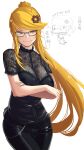  1girl at2. bangs black-framed_eyewear black_pants closed_mouth eyebrows_visible_through_hair glasses highres long_hair looking_at_viewer original pants ponytail short_sleeves sidelocks smile solo swept_bangs 