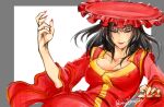  1girl arm_up bangs black_hair breasts brown_eyes chinese_clothes cleavage dress evil_smile kusu_(moo1225) large_breasts leaning_back lips lipstick long_hair makeup niao_sun red_dress red_headwear red_nails shenmue shenmue_iii smile solo 