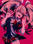  1girl arms_up bangs bear_hair_ornament black_shirt bow breasts cleavage closed_eyes collarbone collared_shirt danganronpa:_trigger_happy_havoc danganronpa_(series) enoshima_junko hair_ornament head_tilt jewelry large_breasts long_hair long_sleeves mako_gai nail_polish necktie open_mouth pink_background red_bow red_nails school_uniform shirt simple_background smile teeth twintails 