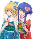  2girls :d alternate_hairstyle bell blonde_hair blue_bow blue_eyes blue_hair blue_kimono bow feather_boa floral_print furude_rika hair_bow hair_bun half_updo highres higurashi_no_naku_koro_ni houjou_satoko japanese_clothes jingle_bell kimono lace-trimmed_bow lace_trim maromi_(am97) multiple_girls new_year obi purple_eyes red_kimono sash sidelocks sideways_glance smile tassel 