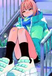  1girl absurdres black_legwear blue_scarf bob_cut brown_eyes brown_hair coat eyebrows_behind_hair green_coat highres knees_up original plant potted_plant richard_(ri39p) scarf sitting sittings snow socks stairs tearing_up white_footwear 