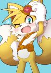  1boy acky animal_ears animal_nose commentary_request fang fox_boy fox_ears fox_tail furry furry_male gloves green_eyes highres looking_at_viewer male_focus multiple_tails open_mouth pouch smile sonic_(series) sonic_boom_(game) tail tails_(sonic) two_tails white_gloves 