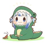  1girl :3 bangs blue_eyes blunt_bangs blush_stickers chibi commentary dinosaur_costume gawr_gura highres hololive hololive_english hood hood_up multicolored_hair same_anko shrimp sitting smile solo streaked_hair symbol-only_commentary tail two-tone_hair two_side_up virtual_youtuber white_hair 