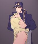  1boy adjusting_apron apron arms_behind_back black_hair blue_eyes bottomless chain coat gakuran hat highres jojo_no_kimyou_na_bouken kujo_jotaro large_pectorals less_end long_coat male_focus muscular muscular_male naked_apron naked_coat pectorals school_uniform sketch solo stardust_crusaders 