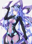 1girl arm_up bangs blue_eyes blush bodysuit breasts commentary_request covered_navel cowboy_shot eyebrows_visible_through_hair hair_between_eyes headgear highres holding holding_sword holding_weapon kumari7 long_hair looking_at_viewer neptune_(series) next_purple open_mouth power_symbol purple_hair skin_tight solo standing sword symbol-shaped_pupils very_long_hair weapon 