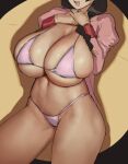  1girl bikini black_background black_hair breasts cleavage eu03 groin hands_up hanekawa_tsubasa head_out_of_frame huge_breasts juliet_sleeves long_hair long_sleeves monogatari_(series) navel open_clothes open_mouth pink_bikini puffy_sleeves sketch skindentation smile solo string_bikini swimsuit symbol-only_commentary teeth thick_thighs thighs underboob unfinished upper_teeth veins veiny_breasts yellow_background 