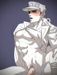  abs arms_behind_back blush bound bound_arms bracelet chain cowgirl_position dio_brando implied_anal jewelry jojo_no_kimyou_na_bouken kujo_jotaro large_pectorals less_end long_coat male_pubic_hair muscular muscular_male pectorals penis pubic_hair sex spot_color spread_legs stardust_crusaders straddling sweat yaoi 