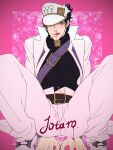  1boy arm_rest black_hair blood blood_writing chain character_name coat diamond_wa_kudakenai green_eyes hat hat_over_one_eye jojo_no_kimyou_na_bouken kujo_jotaro less_end licking_lips long_coat male_focus nosebleed pink_blood shoulder_belt solo spread_legs squatting tongue tongue_out turtleneck vest white_coat 