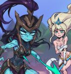  2girls armor bare_shoulders black_hair blonde_hair breasts bruise cleavage clenched_teeth collarbone colored_skin covered_navel day green_eyes green_skin helmet holding holding_polearm holding_weapon injury janna_(league_of_legends) kalista league_of_legends long_hair looking_at_viewer medium_breasts multiple_girls no_pupils outdoors phantom_ix_row pointy_ears polearm purple_hair shiny shiny_hair teeth torn_clothes weapon 