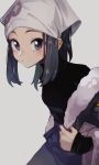  1girl akari_(pokemon) black_hair black_shirt blush commentary_request eyelashes grey_background grey_eyes head_scarf highres logo long_hair looking_at_viewer nzeneee off_shoulder pokemon pokemon_(game) pokemon_legends:_arceus shirt sidelocks simple_background solo white_headwear 