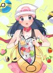  1girl :o ? bag beanie berry_(pokemon) black_hair black_shirt blush bracelet commentary_request dawn_(pokemon) duffel_bag eyelashes glint grey_eyes hair_ornament hairclip hat holding holding_bag jewelry level_ball long_hair looking_at_viewer love_ball max_revive nest_ball open_bag open_mouth pink_skirt poke_ball poke_ball_(basic) poke_ball_print pokemon pokemon_(game) pokemon_dppt poketch potion_(pokemon) quick_ball red_scarf repeat_ball revive_(pokemon) ririmon scarf shirt skirt sleeveless sleeveless_shirt solo tongue ultra_ball watch white_headwear wristwatch yellow_bag 