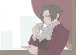  1boy ace_attorney ascot closed_mouth cup curtains grey_eyes grey_hair highres holding holding_cup holding_saucer jacket kinni long_sleeves male_focus miles_edgeworth red_jacket saucer solo steam upper_body white_ascot window 