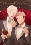  2boys black_jacket blue_eyes bow bowtie box box_of_chocolates brown_eyes ccccc_(jpn_m0) chocolate cup drinking_glass facial_mark flower food food_in_mouth formal gojou_satoru happy_valentine heart-shaped_box highres holding holding_box holding_chocolate holding_food itadori_yuuji jacket jujutsu_kaisen looking_at_viewer male_focus multiple_boys open_mouth petals pink_hair red_flower red_rose rose shirt short_hair smile undercut upper_body white_hair white_shirt 