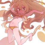  1girl aisaka_taiga animal_print armpits arms_up bangs bare_shoulders barefoot bikini brown_eyes closed_mouth commentary eyebrows_visible_through_hair fake_tail flat_chest flipped_hair floating_hair frown full_body hair_between_eyes halterneck highres light_blush light_brown_hair long_hair looking_at_viewer midair mixed-language_commentary navel orange_peel_(artist) paw_print print_bikini sidelocks simple_background skindentation solo swimsuit tail tiger_print tiger_tail toradora! v-shaped_eyebrows very_long_hair 