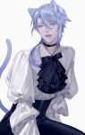  1boy animal_ear_fluff animal_ears bangs black_choker blue_eyes blue_hair cat_boy cat_ears cat_tail choker genshin_impact hair_between_eyes highres kamisato_ayato kodona long_hair long_sleeves looking_at_viewer male_focus mole mole_under_mouth open_mouth puffy_sleeves solo tail to_e upper_body white_background 