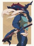  2022 aetherscale_(artist) anthro anthrofied blue_body hair hi_res hisuian_samurott male nintendo nipples pok&eacute;mon pok&eacute;mon_(species) regional_form_(pok&eacute;mon) side_view solo video_games white_hair 