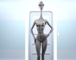  alien black_eyes breasts drinkerofskies female grey_body grey_skin hi_res humanoid jewelry kaminoan nude solo star_wars wristband 