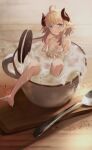  1girl ahoge animal_ears barefoot bathing blonde_hair blue_eyes blush breasts coffee collarbone completely_nude cup eyebrows_visible_through_hair finger_to_mouth full_body highres horns in_container in_cup long_hair looking_at_viewer minigirl nude oreo original sidelocks sitting small_breasts solo spoon thick_eyebrows timo_wei95 tray 