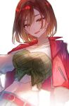  1girl :p brown_eyes brown_hair jacket jacket_on_shoulders looking_at_viewer meiko midriff nayakiro project_sekai short_hair sitting solo tongue tongue_out vocaloid 