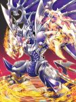  armor claws commentary digimon digimon_(creature) dorugoramon fire flame gerukizoku glowing legs_apart looking_at_viewer no_humans open_mouth outstretched_hand sharp_teeth standing teeth wings yellow_eyes 