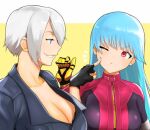  2girls anagumasan angel_(kof) bangs blue_hair blunt_bangs bra breasts cheek_poking cropped_jacket fingerless_gloves gloves hair_over_one_eye highres jacket kula_diamond large_breasts leather leather_jacket multiple_girls poking red_eyes smirk snk strapless strapless_bra the_king_of_fighters the_king_of_fighters_2000 the_king_of_fighters_xiv underwear white_hair zipper 