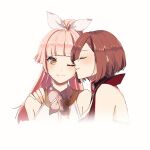  2girls ;) absurdres brown_hair highres kiss kissing_cheek looking_at_another meiko meiko_(vocaloid3) multiple_girls one_eye_closed pink_hair ponytail short_hair sleeveless smile vocaloid vy1 white_background yellow_eyes yen-mi yuri 