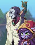  1boy 1girl :d bangs black_bodysuit bodysuit colored_skin day eyebrows_visible_through_hair fang from_side grey_background gun hand_grab hand_up height_difference holding holding_gun holding_weapon jhin league_of_legends long_hair long_sleeves lulu_(league_of_legends) mask open_mouth outdoors phantom_ix_row purple_hair purple_skin red_headwear shiny shiny_hair shirt smile striped striped_shirt sweat teeth tree upper_teeth weapon yordle 