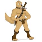  animal_genitalia anthro balls belt bird_dog boots briefs bulge canid canine canis clothing collar domestic_dog footwear fur genitals golden_retriever hair hands_on_hips happy hunting_dog male mammal melee_weapon muscular notkastar pecs retriever sheath smile solo star sword underwear weapon 