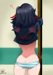  1girl absurdres among_us ass black_hair butt_crack clothes_lift commentary cowboy_shot crewmate_(among_us) from_behind green_panties highres indoors kill_la_kill matoi_ryuuko medium_hair meme multicolored_hair no_pants nobrandstudio panties red_hair ryuko_redraw_(meme) school_uniform serafuku shiny shiny_skin skindentation solo streaked_hair striped striped_panties thighs underwear undressing watermark white_panties 