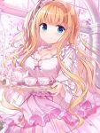  1girl blonde_hair blue_eyes blush bow breast_cutout breasts cherry_blossoms cleavage clothing_cutout commentary_request cup dress eyebrows_visible_through_hair frilled_dress frills hair_bow hair_ribbon half_updo heart_cutout holding holding_tray kimishima_ao lace_trim large_breasts long_hair long_sleeves looking_at_viewer open_window original petals pink_dress porcelain ribbon ribbon_trim side_ponytail smile solo tea_set teacup teapot tray tree wavy_hair window 
