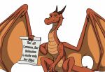  2022 anthro dragon english_text holding_object horn humor logo long_neck looking_at_viewer male membrane_(anatomy) membranous_wings mightyraptor scalie scroll signature simple_background solo text unimpressed western_dragon white_background wings 