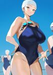  3girls bare_arms bare_legs bare_shoulders blue_eyes blue_swimsuit blush breasts cameltoe cleavage closed_mouth competition_school_swimsuit covered_navel day goggles groin hand_on_hip huge_breasts ikuchan_kaoru long_hair looking_at_viewer multiple_girls one-piece_swimsuit original outdoors short_hair swim_cap swimsuit thighs wet white_hair 