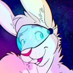  1:1 anthro bucklebunny chromatic_aberration cosmic_background eyebrows fur hair headshot_portrait hi_res inner_ear_fluff lagomorph leporid looking_aside male mammal neck_tuft open_mouth open_smile pink_body pink_ears pink_eyebrows pink_fur pink_hair pink_nose pink_tongue portrait protective_eyewear rabbit raised_eyebrows short_hair shoulder_tuft smile solo space space_background teeth tongue tuft white_inner_ear white_inner_ear_fluff 