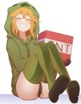  1girl absurdres ass at2. black_gloves blush boots breasts closed_eyes creeparka creeper cupa_(at2.) eyebrows_visible_through_hair gloves green_footwear green_jacket grin highres holding hood hood_up hooded_jacket jacket long_sleeves medium_hair minecraft open_mouth orange_hair personification small_breasts smile solo thigh_boots thighhighs tnt white_background 