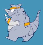  2022 anthro biped blue_background blush bodily_fluids cute_fangs exercise gayousi7 grey_body hi_res kemono nintendo overweight pok&eacute;mon pok&eacute;mon_(species) rhydon simple_background solo sweat video_games workout 