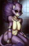  anthro belladonna_(trials_of_mana) black_lips black_nose breasts chanrom felid female fur hi_res jewelry lips mammal navel nipples purple_body purple_fur sitting smile solo trials_of_mana window 