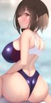  1girl akira_shiun artist_name ass back_cutout bangs blue_swimsuit blush breasts brown_eyes brown_hair closed_mouth clothing_cutout highres large_breasts looking_at_viewer looking_back one-piece_swimsuit original short_hair sitting solo swimsuit thong_swimsuit wet 