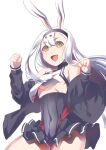  1girl animal_ears aqua_bow azur_lane bikini bikini_bottom_only bikini_over_clothes black_hairband black_jacket bow breasts hairband highres hikimayu jacket looking_at_viewer panties rabbit_ears red_panties shimakaze_(azur_lane) small_breasts smile solo steed_(steed_enterprise) swimsuit swimsuit_over_clothes underwear white_hair yellow_eyes 