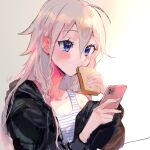  1girl ahoge bearo black_jacket blue_eyes braid cellphone cevio commentary eating food highres holding holding_food holding_phone ia_(vocaloid) jacket light_blush long_hair looking_at_phone open_clothes open_jacket phone platinum_blonde_hair shirt side_braid sidelighting signature smartphone solo striped striped_shirt toast upper_body vocaloid 